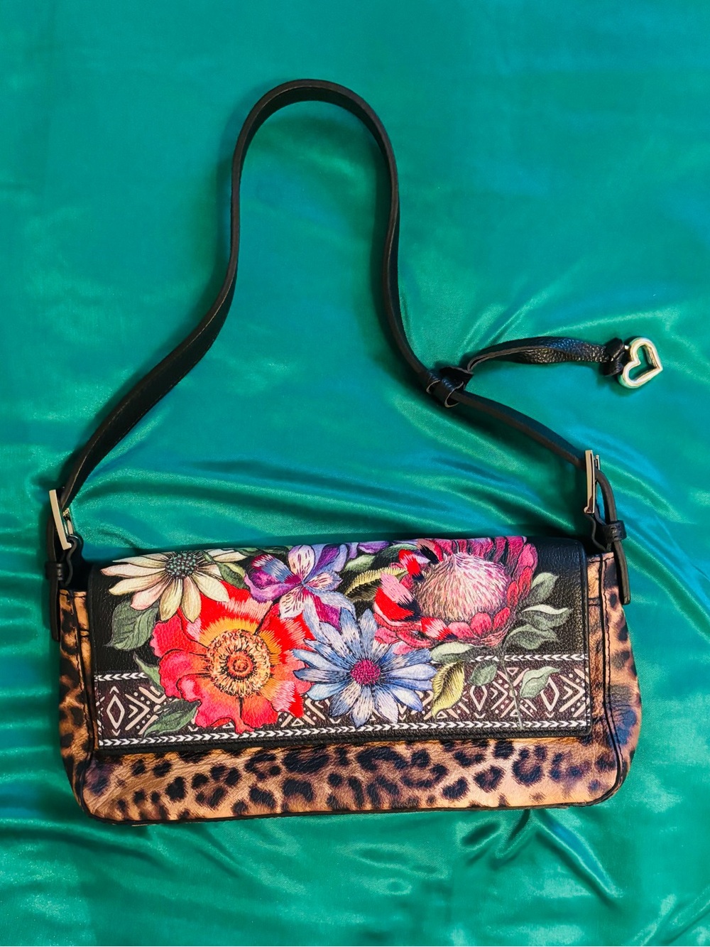 Brighton Embroidered Floral & Leopard-Trim Shoulder Bag - Black Multicolor